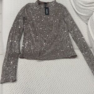 Boohoo Metallic Long Sleeve Sequin Top